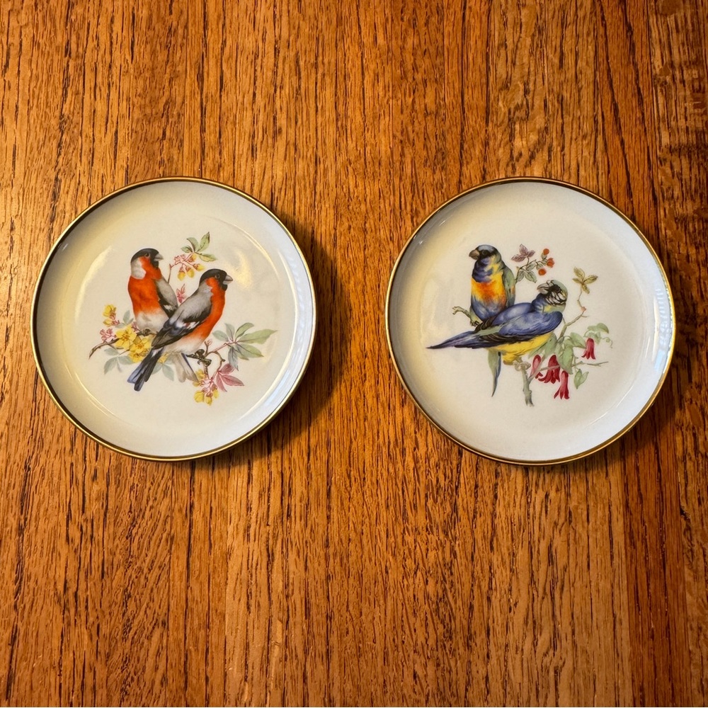 Lot of 2 small, vintage hand painted floral porcelain 4” plates/coasters Germany